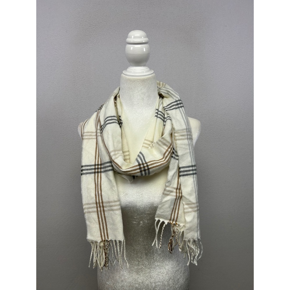 Quiet Luxury Scottish Cashmere Unisex Cream Plaid Fringed Winter Scarf
